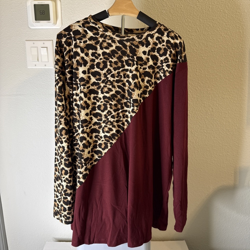 Sunshine & Rodeos Women's Long Sleeve Top Maroon & Leopard Print Size XXXL